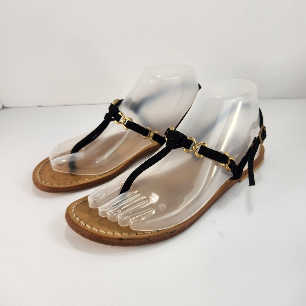 L'arte del Sandalo Women's 7 Black Suede T Strap Sandals Gold Hardware Italy